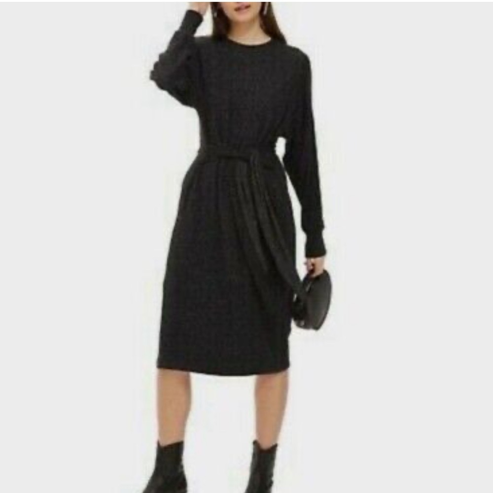TopShop Charcoal Gray Cut & See Tie Front Long Sleeve Midi Dress